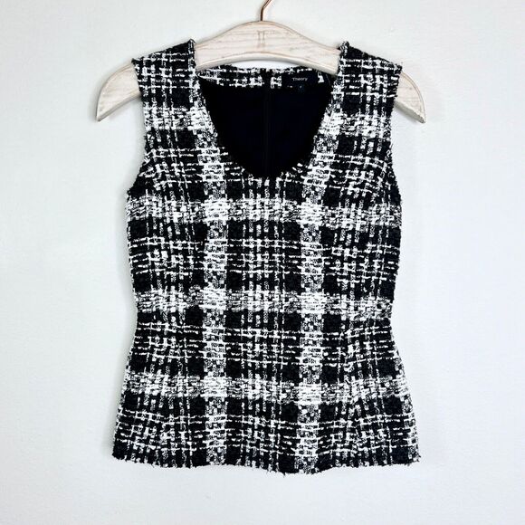 THEORY Sculpt U Shell Plaid Tweed Tank Top Black White Size P Petite Small Plaid - Picture 5 of 9
